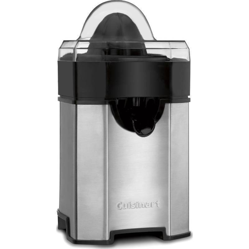 lot 25116 image: Cuisinart Pulp Control Citrus Juicer, Orange Juicer Squeezer and Lemon Squeezer with 3 Pulp Control Settings, Accommodates Small Limes and Large Grapefruits, CCJ-500P1, BlackStainless Steel. SPOUT CLIP IS BROKEN. - Retail $40