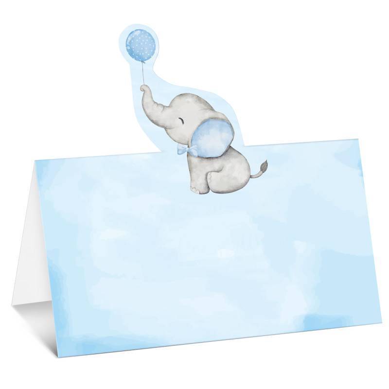 lot 56461 image: 100 Pcs Elephant Baby Shower Place Cards for Boys Blue Gender Reveal Seating Place Cards for Tables Name Tents Placecard Holders Decorations for Baby Shower Birthday Party Supplies - Retail $4