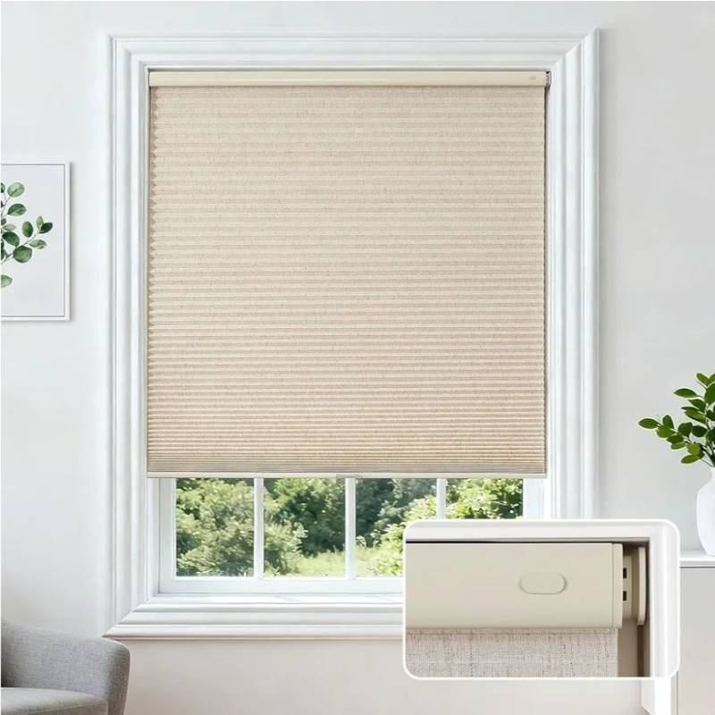 lot 62923 image: No Drill Linen Cellular Blinds for Indoor Windows, Light Filtering Cordless Cellular Shades for Thermal Insulation Noise Reduction, Window Shades for Home (Linen Cream, 15 W x 36 H) - Retail $40