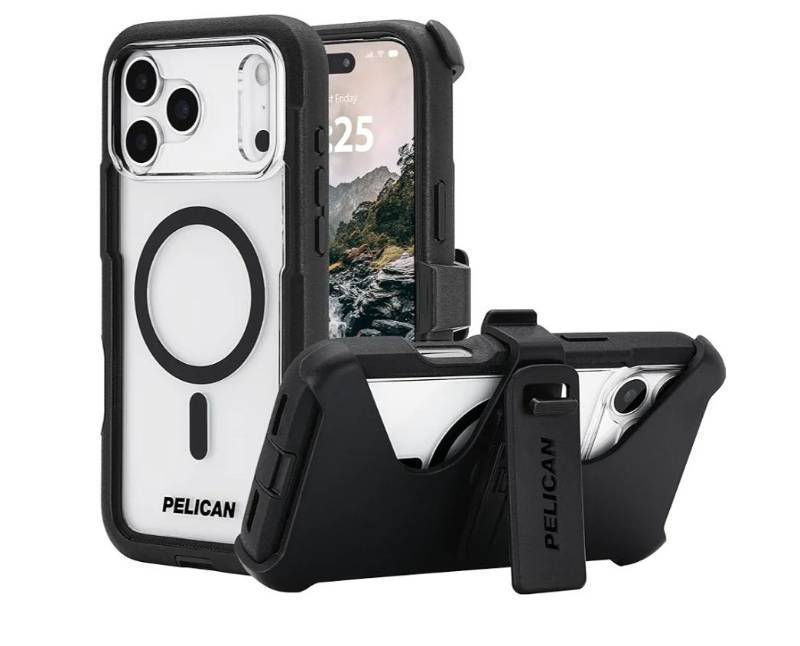 lot 63242 image: Pelican Voyager iPhone 17 Pro Case Compatible with MagSafe Rugged Phone Case w 24ft Military-Grade Drop Protection - Heavy Duty Phone Cover wBelt Clip Holster for iPhone 17 Pro - BlackClear (discoloration) - Retail $25