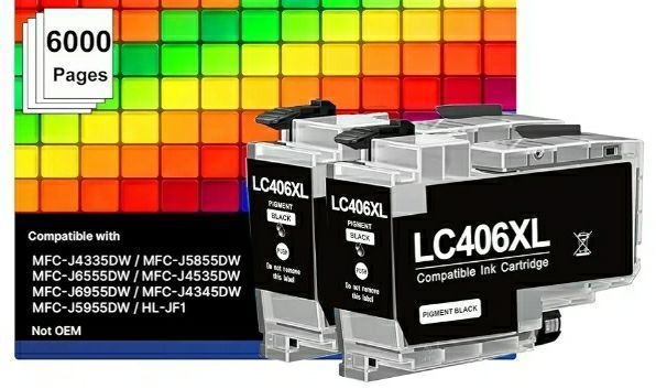 lot 27773 image: 2 Pack LC406XL Black Ink Compatible for Brother LC406 Ink Cartridges LC406 Ink Cartridges for Brother Printer Compatible with MFC-J4535DW MFC-J4335DW MFC-J5855DW MFC-J6555DW MFC-J6955DW - Retail $20