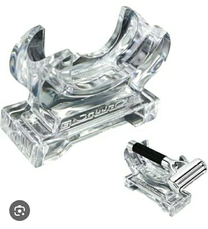 lot 27787 image: Acrylic Mens Razor Stand Holder, Stable Storage Bracket Bathroom Countertop Organizer, Easy Clean, Compatible with Gillette Fusion 5 Power, Merkur 23C, Shaving Revolution (Clear) - Retail $30