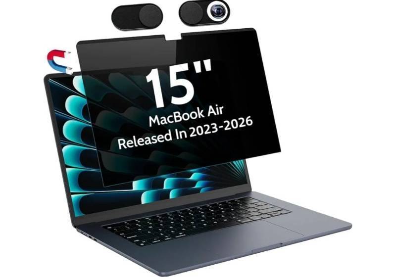 lot 27821 image: Magnetic Privacy Screen for MacBook Air 15 Inch (2023-2026, M2 M3 M4 M5) - A2941 A3114 A3241 A3448, 15inch Removable Matte Anti Blue Light Glare Filter for Mac Air 15.3 Laptop Computer - Retail $30