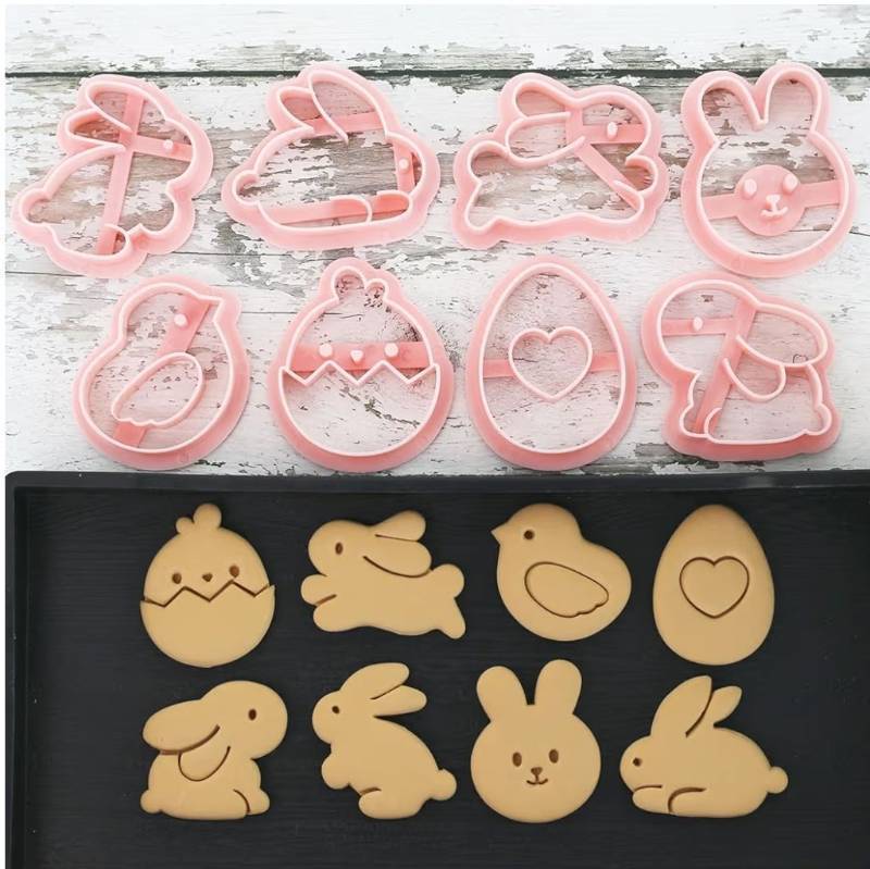 lot 46545 image: 8pcs Mini Easter Cookie Cutters, Bunny, Egg & Chick Shapes, One-Touch Raised Design Easter Cookie Stamps for DIY Baking, Decorating, and Party Fun - Retail $6