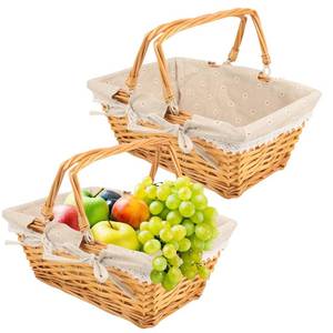 lot 38660 image: 2 Pack 13.78 Inch Rectangle Willow Basket, Wicker Basket with Double Handle, Willow Woven Picnic Basket, Perfect for Easter, Picnic, Decor, Storage, and Wedding(Medium & Natural Color) - Retail $31