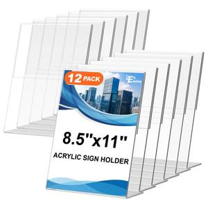 lot 38664 image: 12 Pack Acrylic Sign Holder 8.5 x 11, L Shape Clear Plastic Display Stand, Slanted Back Picture Frame Menu Flyer Paper Display Stand up Table Top Sign Holders for Restaurant, Office and School - Retail $31