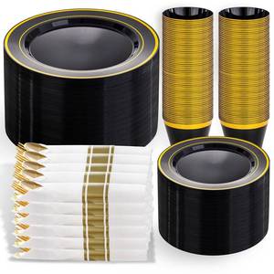 lot 38665 image: 350PCS Black and Gold Plastic Plates - Plastic Dinnerware Set for 50 Guests,Include 50 Dinner Plates, 50 Dessert Plates, 50 Black Cups 9 OZ, 50 Pre Rolled Napkins with Gold Silverware - Retail $64