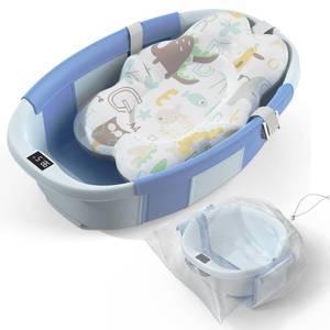 lot 38668 image: Collapsible Baby Bathtub - Large Baby Bath Tub with Thermometer & Cushion  Travel Portable Newborn Infant Bathtub  Foldable Toddler Bathtub for Baby 0 to 36 Months (Blue) - Retail $38