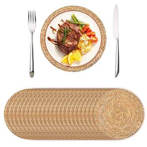lot 38670 image: Set of 24 Round Woven Rattan Placemats, 12 Boho Farmhouse Table Mats Natural Cattail Charger Plates for Dining Table Decor Heat-Resistant Braided Place Mats - Retail $41
