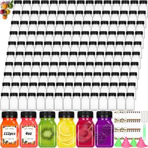 lot 38671 image: 125 Pcs 4oz Juice Bottles Small Plastic Bottles with Black Caps Mini Clear Ginger Shot Containers with Tamper Proof Lids Reusable Travel Bottles with Funnels Labels for Juice Milk Water - Retail $46