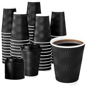 lot 38676 image: 12 oz Coffee Cups with Lids, 60 Pack Insulated Corrugated Paper Cups, Disposable Coffee Cups for Water, Juice, Coffee (Black 12 oz) - Retail $15