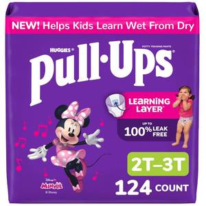 lot 38686 image: Pull-Ups Girls Potty Training Pants, Size 2T-3T Training Underwear (16-34 lbs), 124 Count - Retail $47