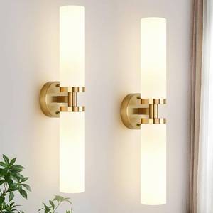 lot 38692 image: Wall Sconces Set of Two, Hardwired Brushed Gold Bathroom Sconces Wall Lighting with Milky White Glass, Modern Sconces Wall Decor Set of 2 Bathroom Light Fixtures for Mirror Living Room Hallway Bedroom - Retail $90