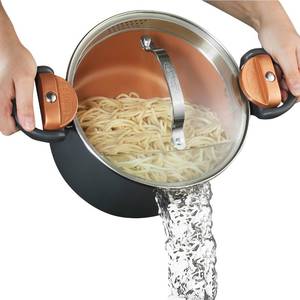 lot 38694 image: Gotham Steel 5 Quart Stock Pot Multipurpose Pasta Pot with Strainer Lid & Twist and Lock Handles, Nonstick Ceramic Surface Makes for Effortless Cleanup with Tempered Glass Lid, Dishwasher Safe - Retail $29