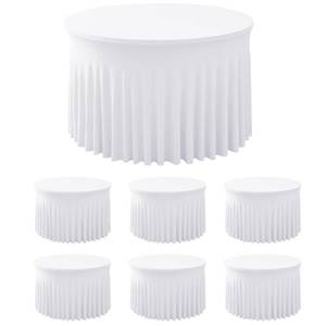 lot 38696 image: 6 Pack White Spandex Table Skirts for 60 Inch Round Tables, Wedding Party - Retail $92