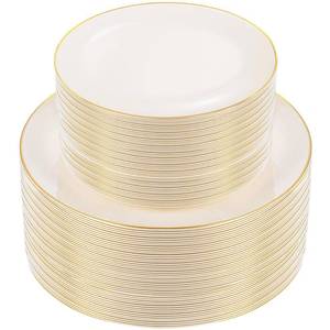 lot 38697 image: 100PCS Ivory Plastic Plates - Cream Plastic Disposable Heavy Duty for Party & Wedding - Include 50 Each (Dinner & Dessert) Plates - Retail $45