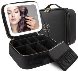 lot 38698 image: Travel Makeup Bag Cosmetic Bag Makeup Organizer Bag with Lighted Mirror, Adjustable Brightness in 3 Color Scenarios, Waterproof Makeup Train Case, Gift for Women - Black - Retail $40