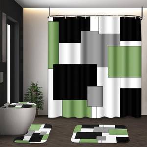lot 38702 image: Bathroom Sets with Shower Curtain and Rugs, 4 Pcs, Geometric Sage - Retail $25