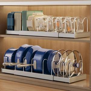 lot 38703 image: 2 Pack Expandable Food Storage Container Lid Organizers, 22 Pots and Pans Organizer Under Cabinet with 9 Adjustable Dividers Pot and Pan Lid Holders Rack Inside Cabinet(Gray) - Retail $40