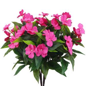lot 38710 image: 2 Branches Artificial Impatiens Flowers for Outdoors - Faux Bushes Rose Red Silk Flowers Greenery Bouquet for Patio Lawn Garden Pot Hanging Basket Porch Decoration - Retail $10
