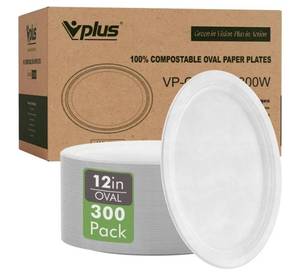 lot 38722 image: 100% Compostable Oval Paper Plates 12 inch 300 Pack, WhiteSuper Strong, Disposable Paper Plates, Bagasse Natural Biodegradable, Sugarcane for BBQ, Party, Dinner, and Picnic - Retail $73