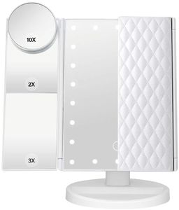 lot 38723 image: Makeup Mirror Vanity Mirror with Lights 1X 2X 3X 10X Magnification, Lighted Makeup Mirror, Touch Control, Tri-Fold Portable LED Makeup Vanity, Two Power Supply Modes, White - Retail $19