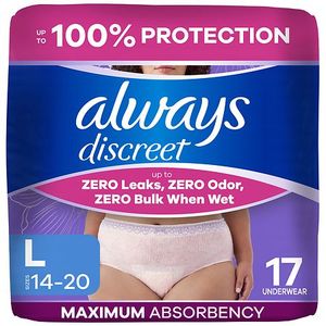 lot 38731 image: Always Discreet Adult Postpartum Incontinence Underwear for Women - Maximum Protection - Maximum Large - 17ct - Retail $11