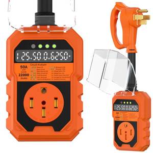lot 38734 image: RV Surge Protector 50 Amp with Auto Shutoff & Reset, LED Display Real-Time Circuit Analyzer for Camper Travel Trailers, RV Adapter Plug with Waterproof Cover - Retail $50