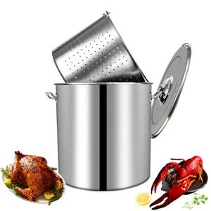 lot 46850 image: 24-Quart Stainless Steel Seafood Stockpot with Basket, Crawfish, Crab, Lobster Boil StockPot, Shrimp Boil Stock Pot with Strainer, Turkey Fryer Pot,27L,7Gallon - Retail $74