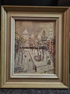 lot 23 image: Signed Winter Cityscape Painting with Church Towers Framed 1955