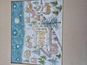 lot 26 image: Winter Village Scene Print Matted and Framed