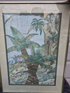 lot 27 image: Framed Botanical Illustration Tropical Forest Scene with Ferns and Plants