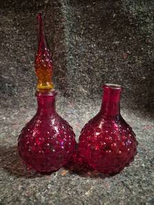 lot 77 image: Red Glass Bottles with Stoppers, Set of 2