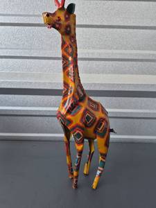 lot 110 image: Painted Metal Giraffe Figurine with Red Ribbon Ornament 13 inches