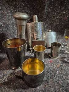 lot 148 image: Mixed Barware Lot Flasks Cups Shot Glasses Hard Rock Cafe Tequila