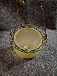 lot 153 image: Hanging Candle Holder with Pale Yellow Glass Bowl and Metal Bracket