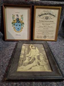 lot 179 image: Lot of 4 Framed Heraldic Prints and University Diploma Certificate
