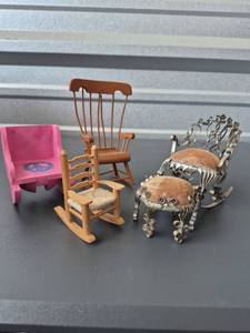 lot 218 image: Miniature Furniture Lot Rocking Chair, Dining Chair, Metal Chairs with Upholstered Seats