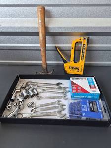 lot 223 image: Hand Tools Lot Wrenches Sockets Hammer Stapler Staples