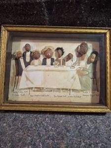 lot 402 image: The Nutt Family Dinner Party Framed Mixed Media Art with Three-Dimensional Heads
