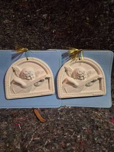 lot 403 image: Pair of Cherub Angel Relief Plaques with Musical Instruments