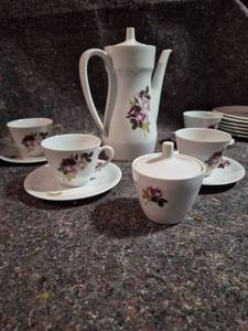 lot 404 image: Porcelain Tea Service Set with Floral Decoration Coffee Pot Cups Saucers Sugar Bowl