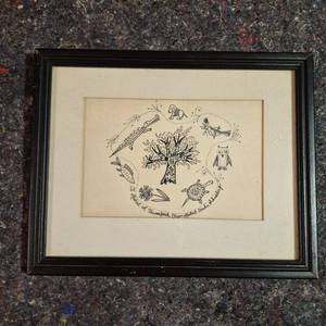 lot 428 image: Framed Pen and Ink Drawing with Tree and Animal Motifs