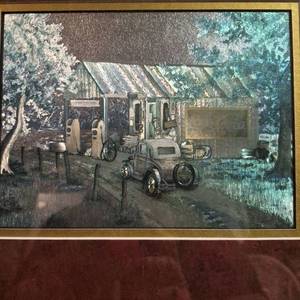 lot 429 image: Framed Illustration Countryside Scene with Vintage Car and Buildings