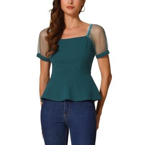 lot 19336 image: Inspire Chic Womens Peplum Top Square Neck Puff Sleeve Medium
