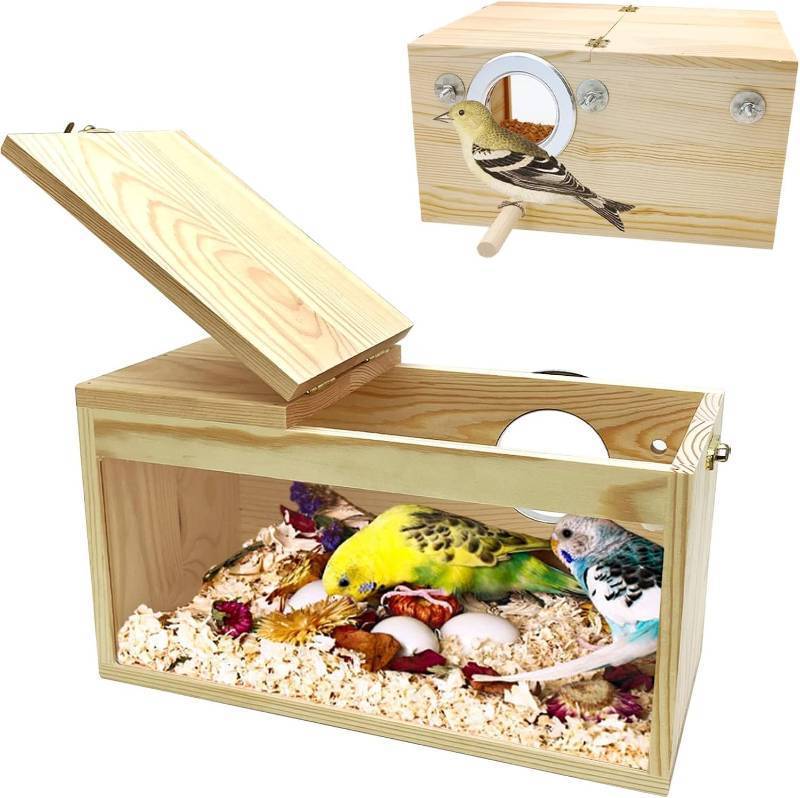lot 111708 image: PINVNBY Large Natural Wood Parakeet Nesting Box Budgie Breeding Box Acrylic Bird Nest for Cage Transparent Panoramic for Birds, Parrots, Cockatiels, Lovebirds, Canaries (XL 13.3 x 7.8 x 7.08 inch)