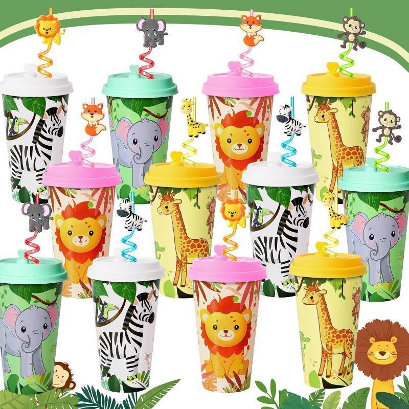 lot 211559 image: Lidmada 24 Sets Jungle Animal Party Favors Goodie Cups with Lids and Safari Animal Straws for Birthday Decorations, Plastic Cups Silly Straws for Party Bags Gift Pinata