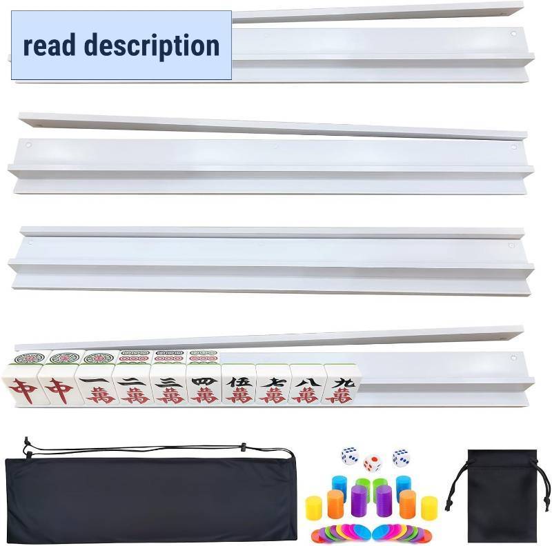 lot 301556 image: 4 PCS Mahjong Racks with Pushers, White Wooden Mahjong Racks with Detachable Magnetic Pushers, Mahjong Tile Pushers and Racks, Includes Chips, Storage Bags, Mahjong Accessories (19.68 Inch)