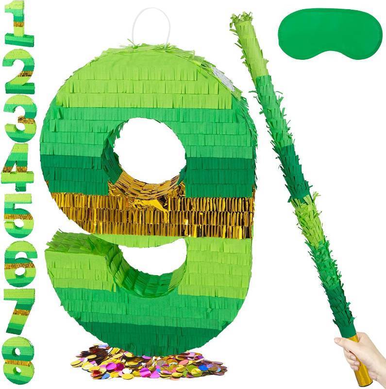 lot 401515 image: PCFING 20 Inch Number 9 Pi ata Green Gold with 30 Inch Pi ata Stick Blindfold Confetti for Boy Girl Adults Birthday Party Decorations, Anniversary Celebration, Fiesta