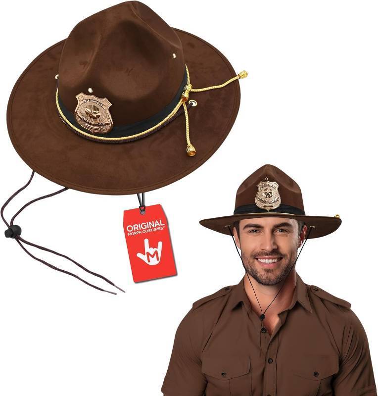 lot 271479 image: Morph Deluxe State Trooper Highway Patrol Hat Faux Suede Campaign Accessory with Gold Cord & Badge Sheriff, Park Ranger & Mountie Costume for Adults & Cosplay
